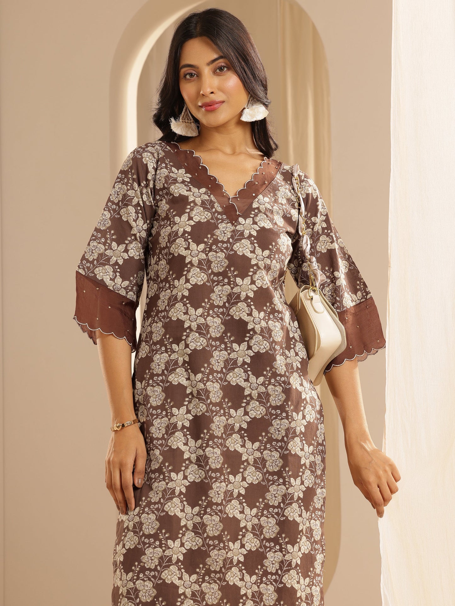 Brown Printed Cotton Straight Kurta Set