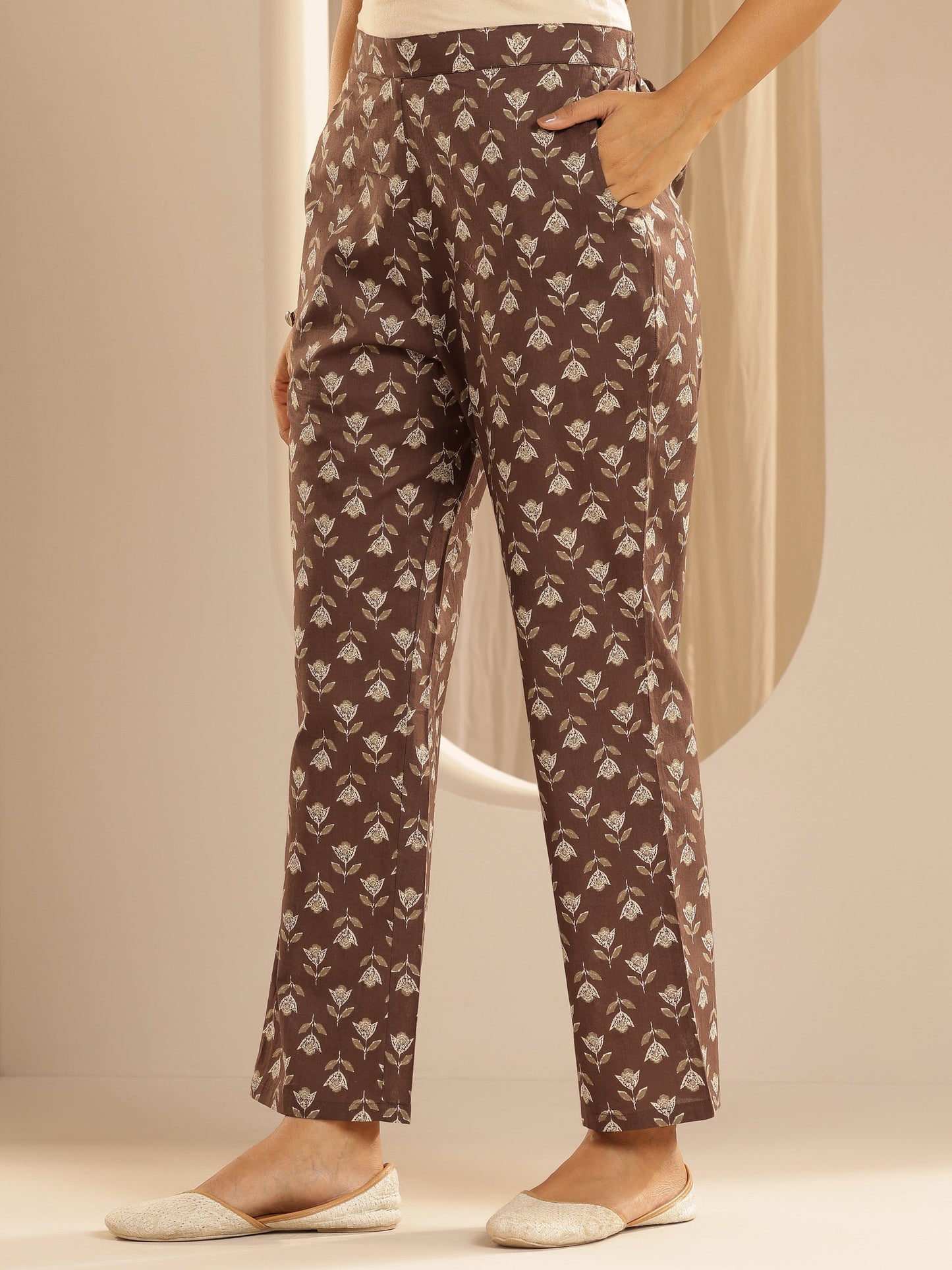 Brown Printed Cotton Straight Kurta Set