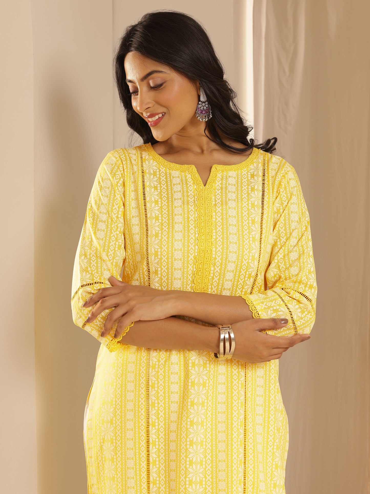 Yellow Printed Rayon Straight Suit Set With Dupatta