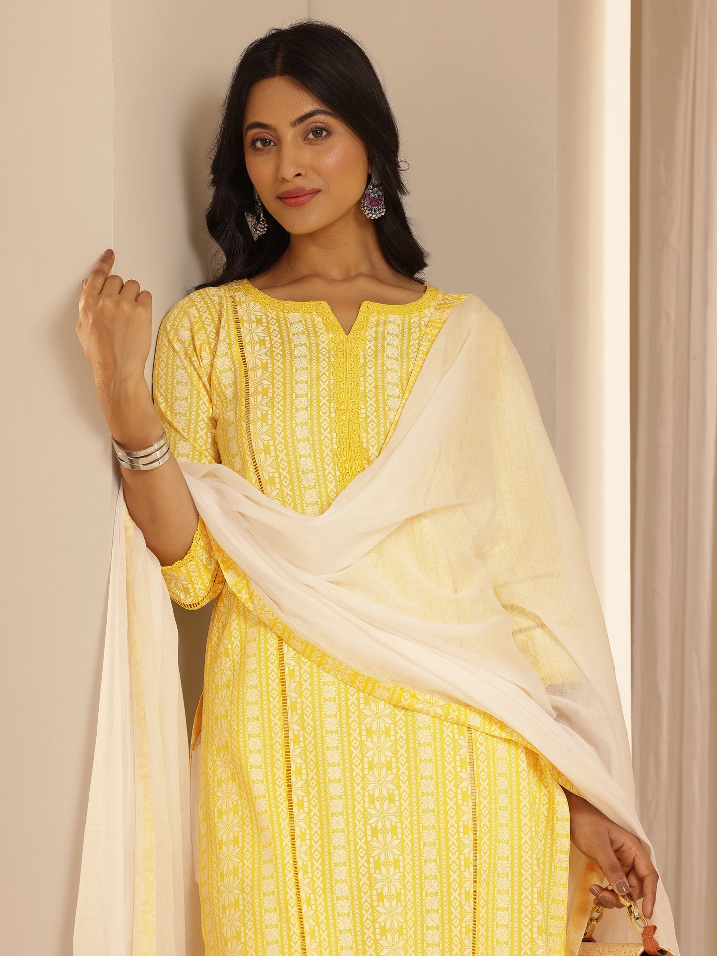 Yellow Printed Rayon Straight Suit Set With Dupatta