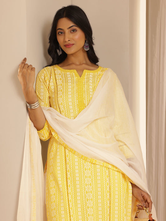Yellow Printed Rayon Straight Suit Set With Dupatta