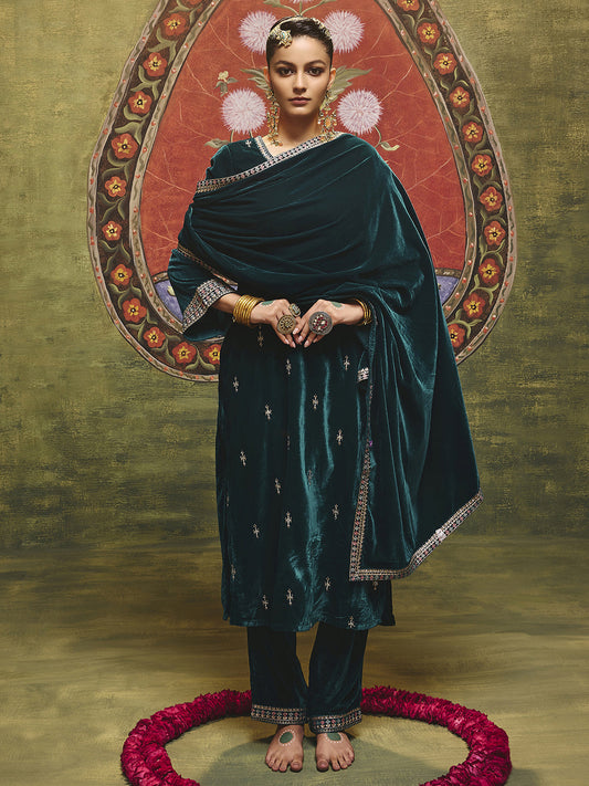 Amruta Teal Embroidered Velvet Straight Suit Set With Dupatta