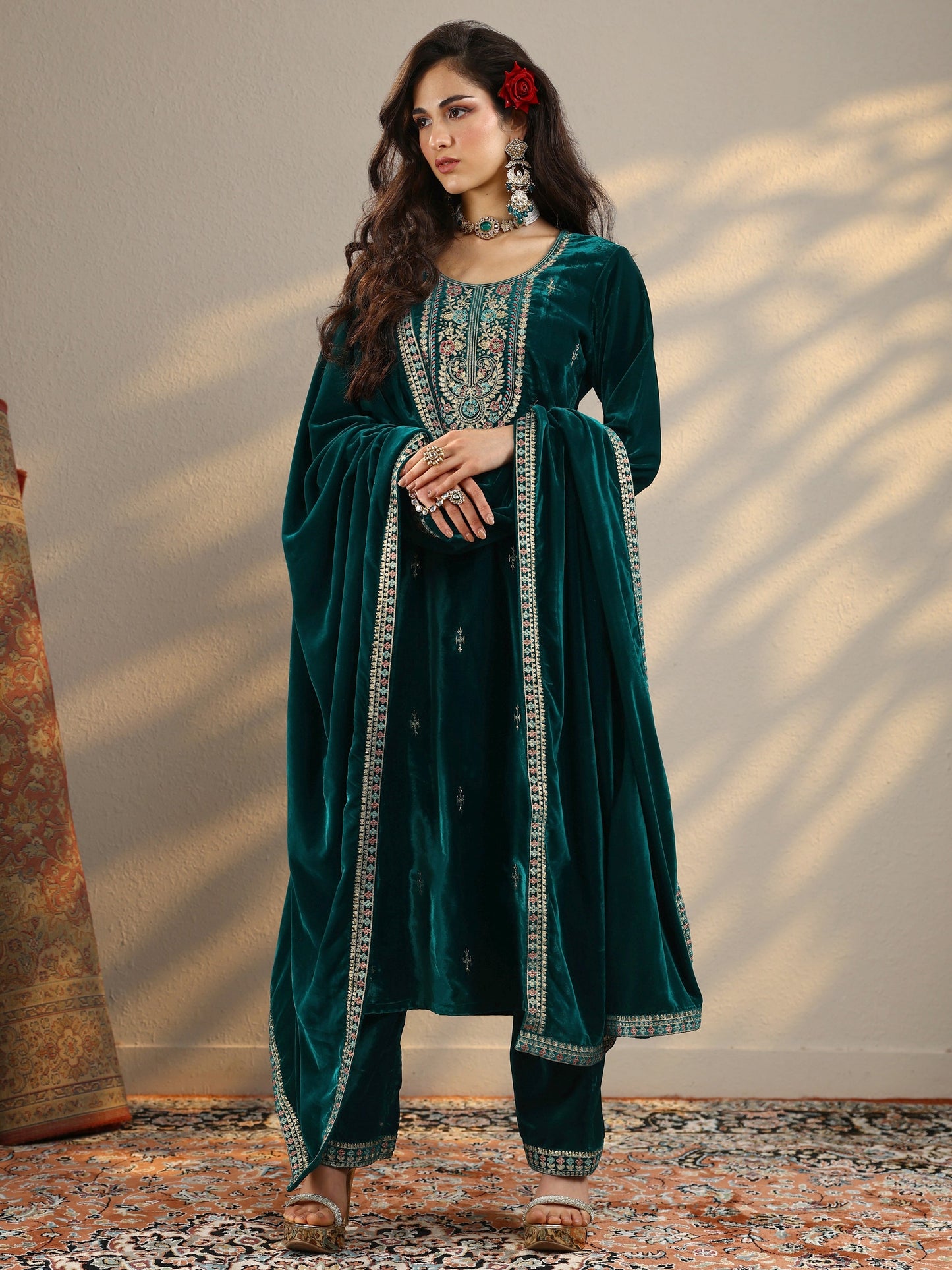 Amruta Teal Embroidered Velvet Straight Suit Set With Dupatta