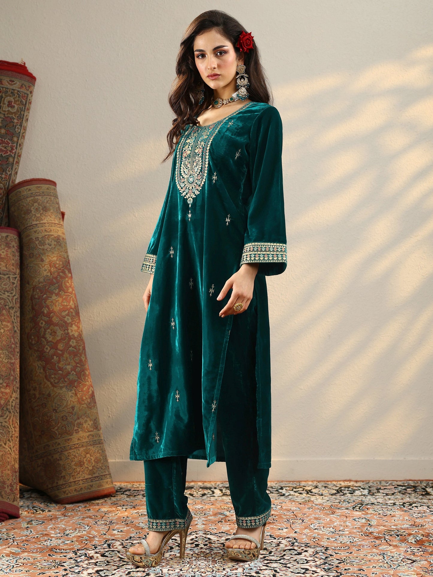 Amruta Teal Embroidered Velvet Straight Suit Set With Dupatta