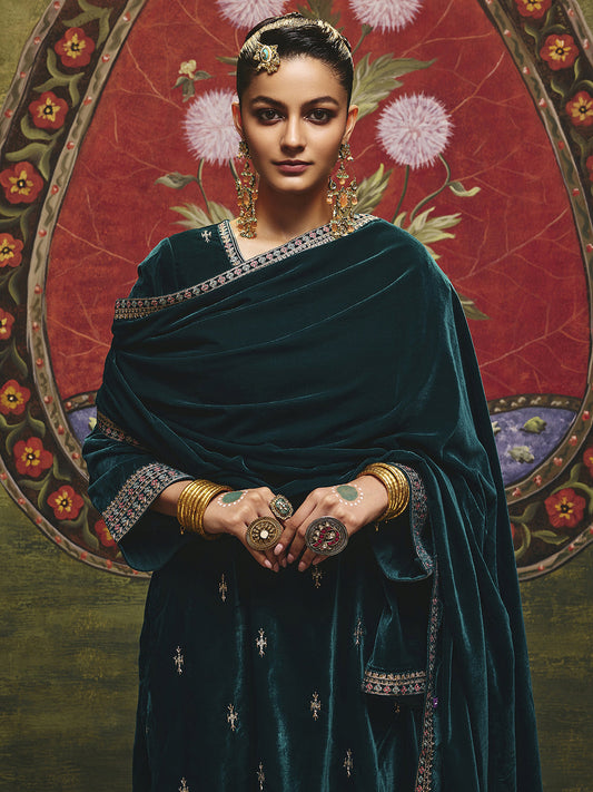 Amruta Teal Embroidered Velvet Straight Suit Set With Dupatta