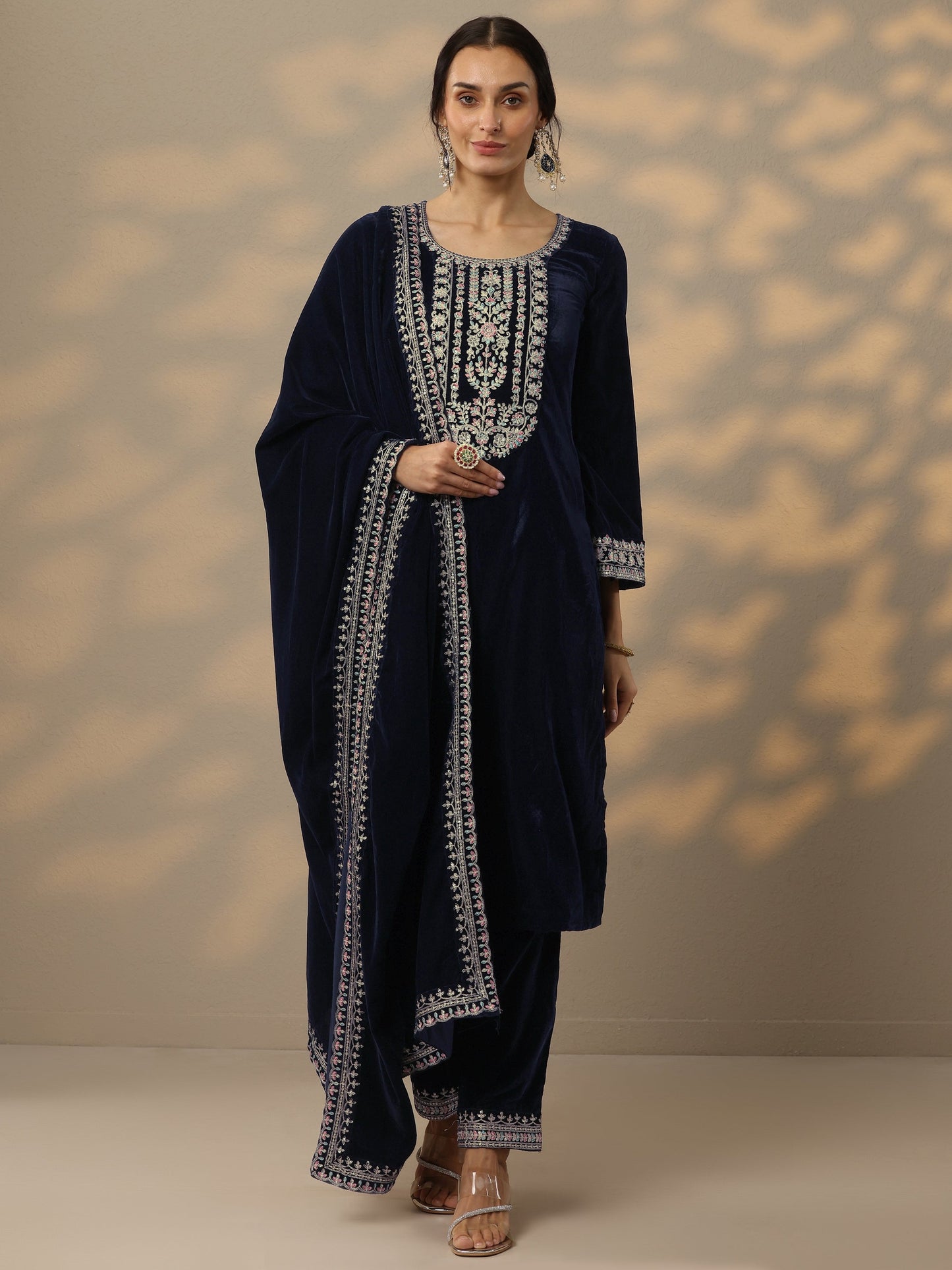 Blue Embroidered Velvet Straight Suit Set With Dupatta