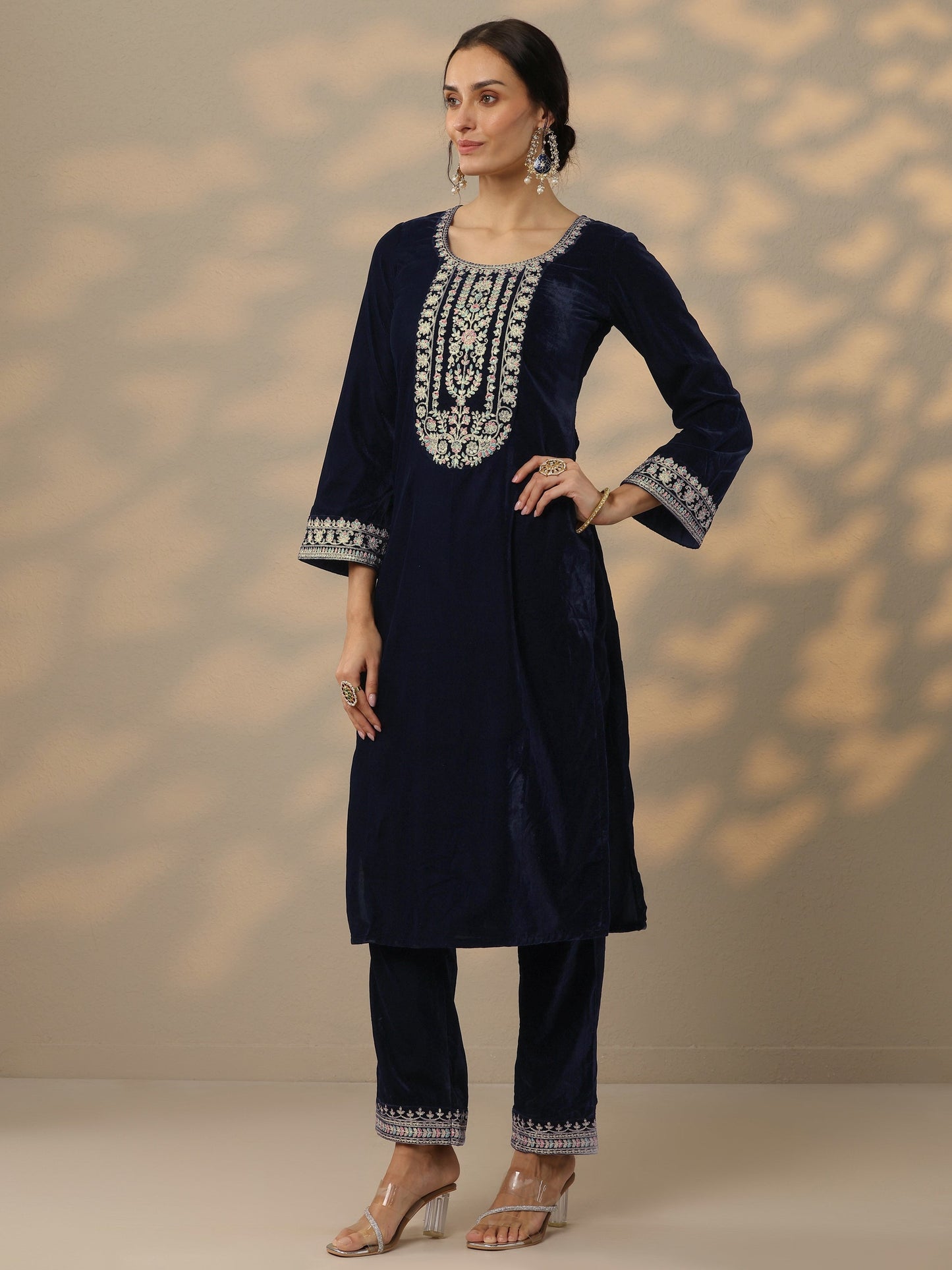 Blue Embroidered Velvet Straight Suit Set With Dupatta