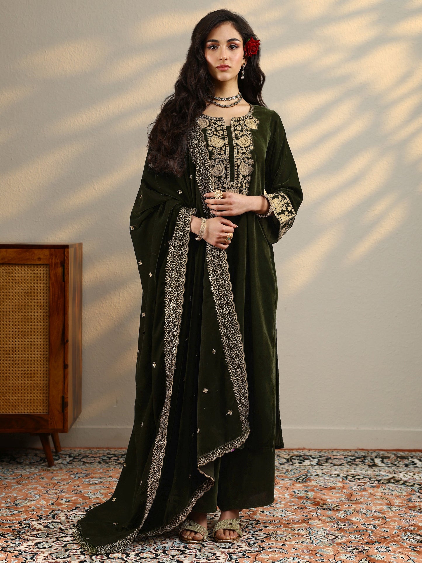 Green Yoke Design Velvet Straight Suit Set With Dupatta