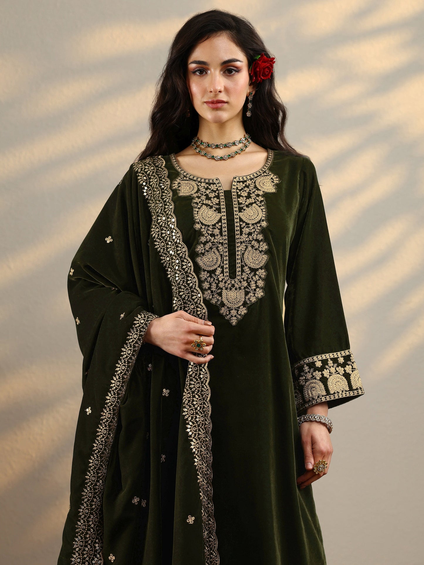 Green Yoke Design Velvet Straight Suit Set With Dupatta