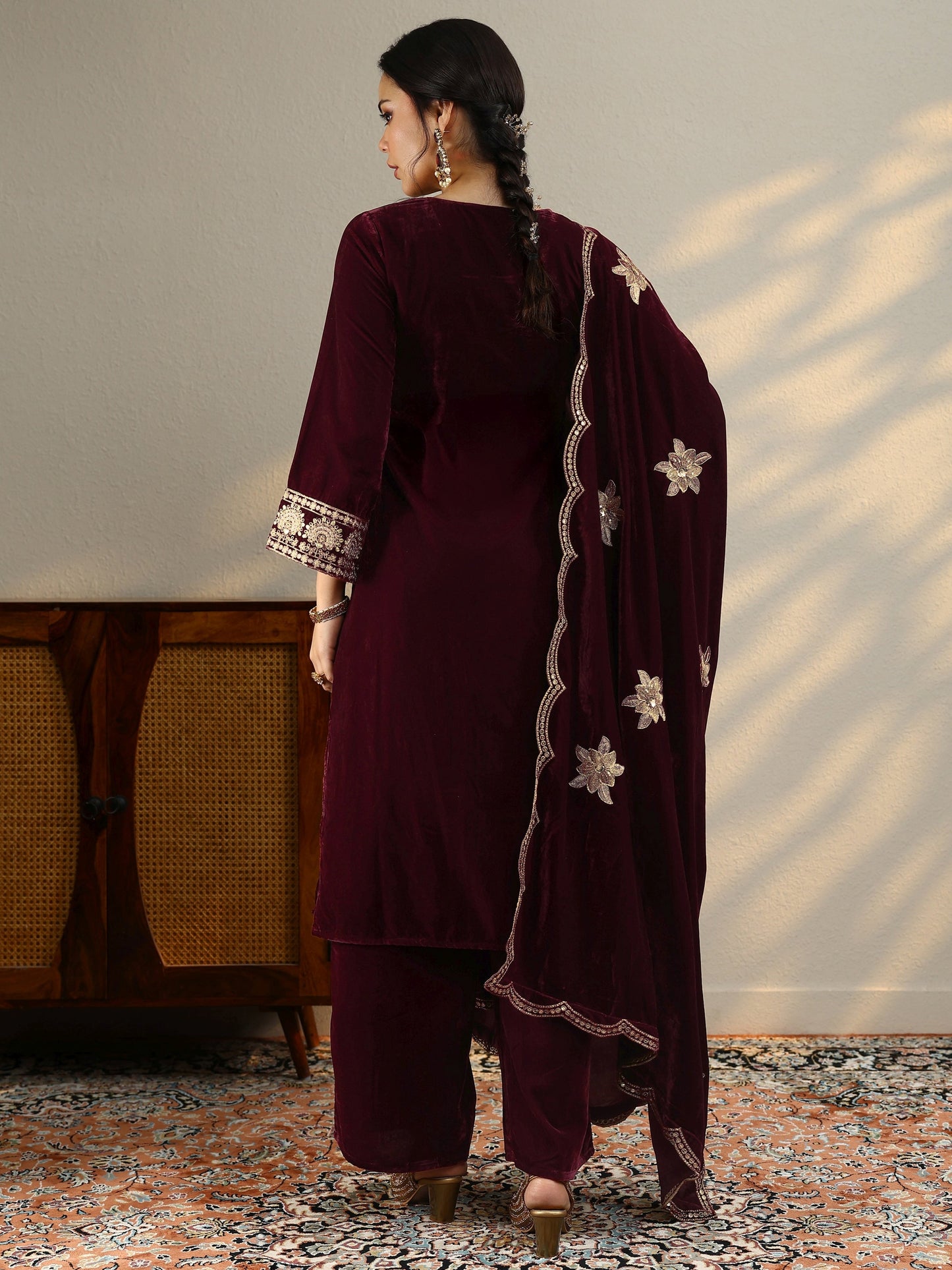 Maroon Yoke Design Velvet Straight Suit Set With Dupatta