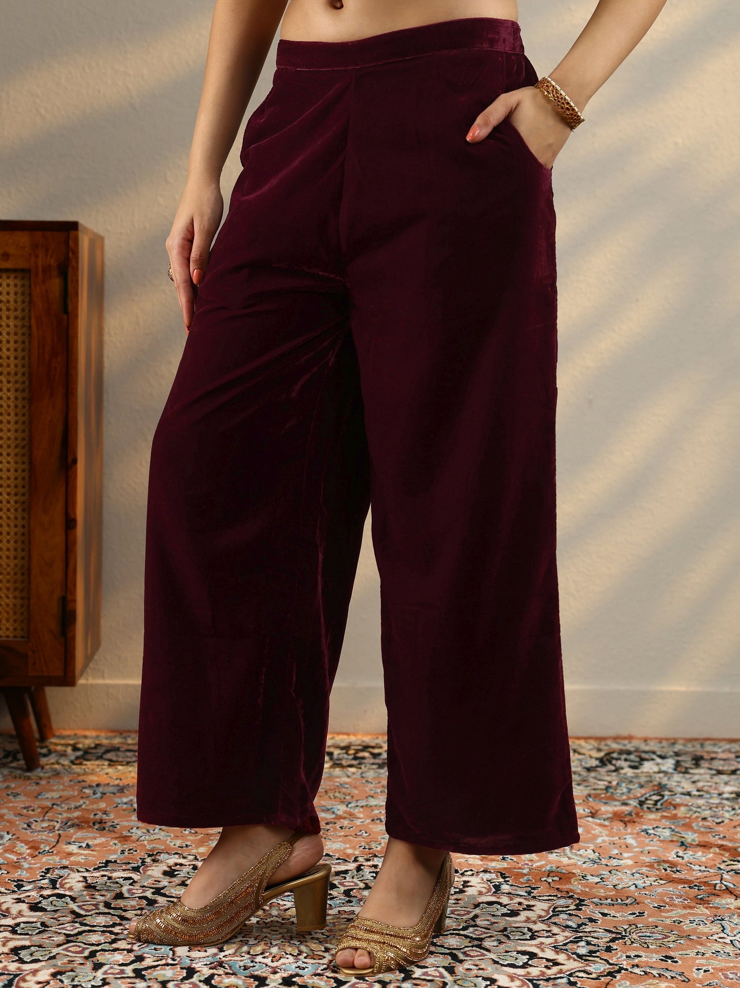 Maroon Yoke Design Velvet Straight Suit Set With Dupatta