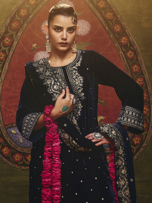 Kanak Navy Blue Embroidered Velvet Straight Suit Set With Dupatta