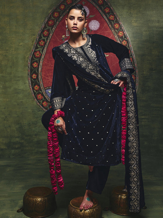 Kanak Navy Blue Embroidered Velvet Straight Suit Set With Dupatta