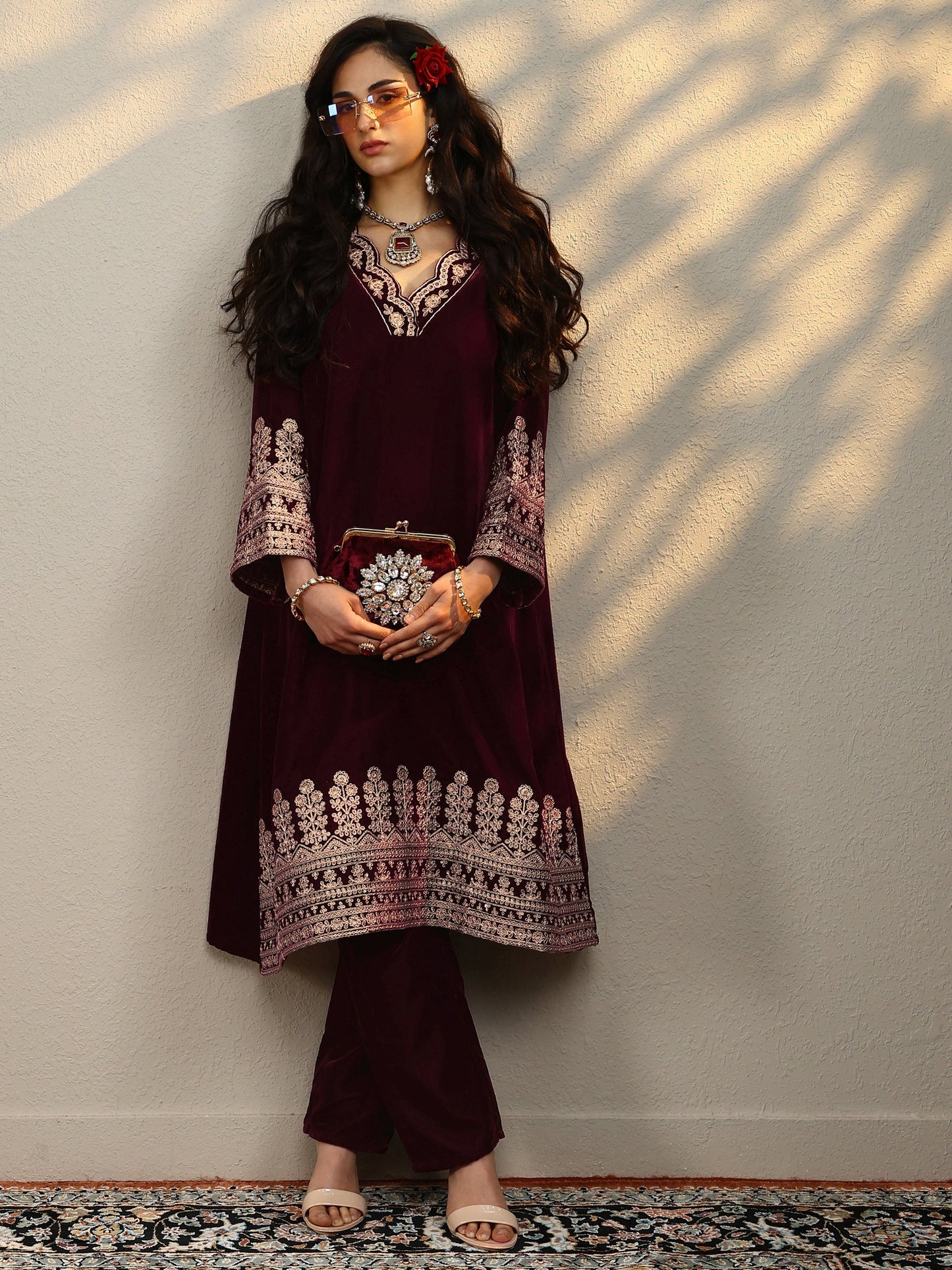 Maroon Embroidered Velvet Straight Kurta Set