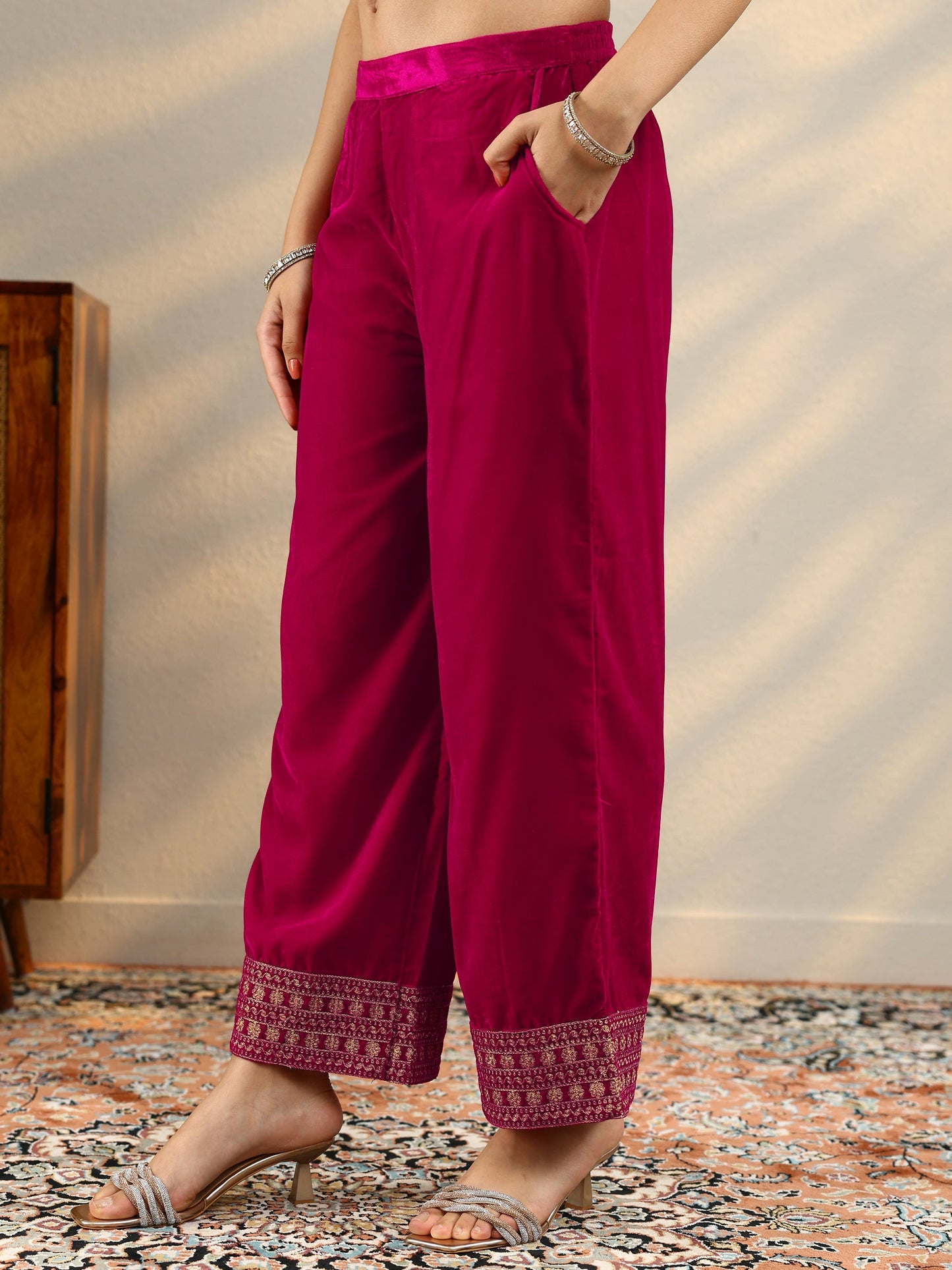 Pink Yoke Design Velvet Straight Suit Set With Dupatta