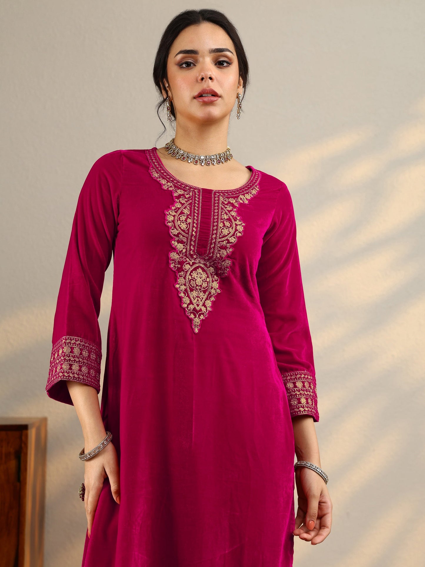 Pink Yoke Design Velvet Straight Suit Set With Dupatta