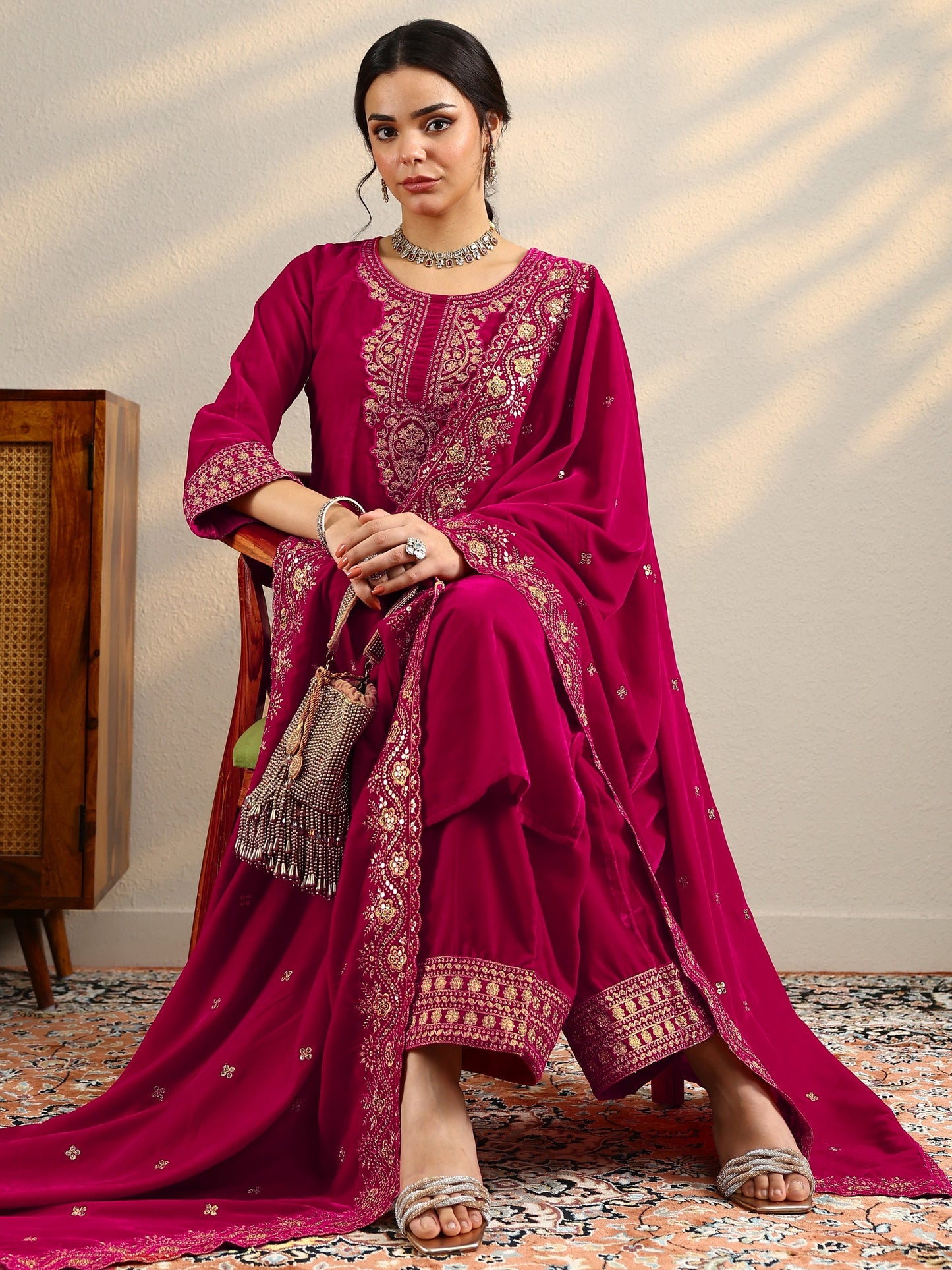 Pink Yoke Design Velvet Straight Suit Set With Dupatta