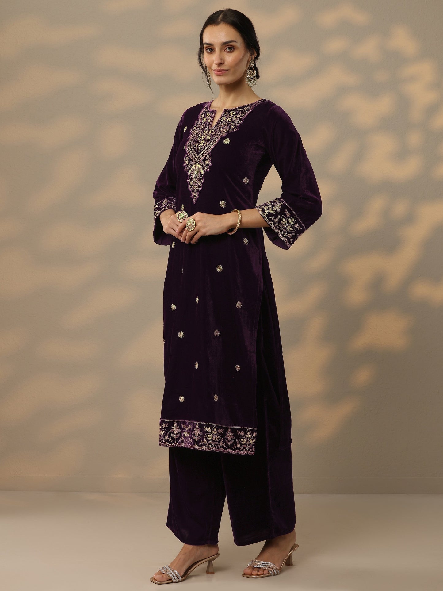 Burgundy Embroidered Velvet Straight Suit Set With Dupatta