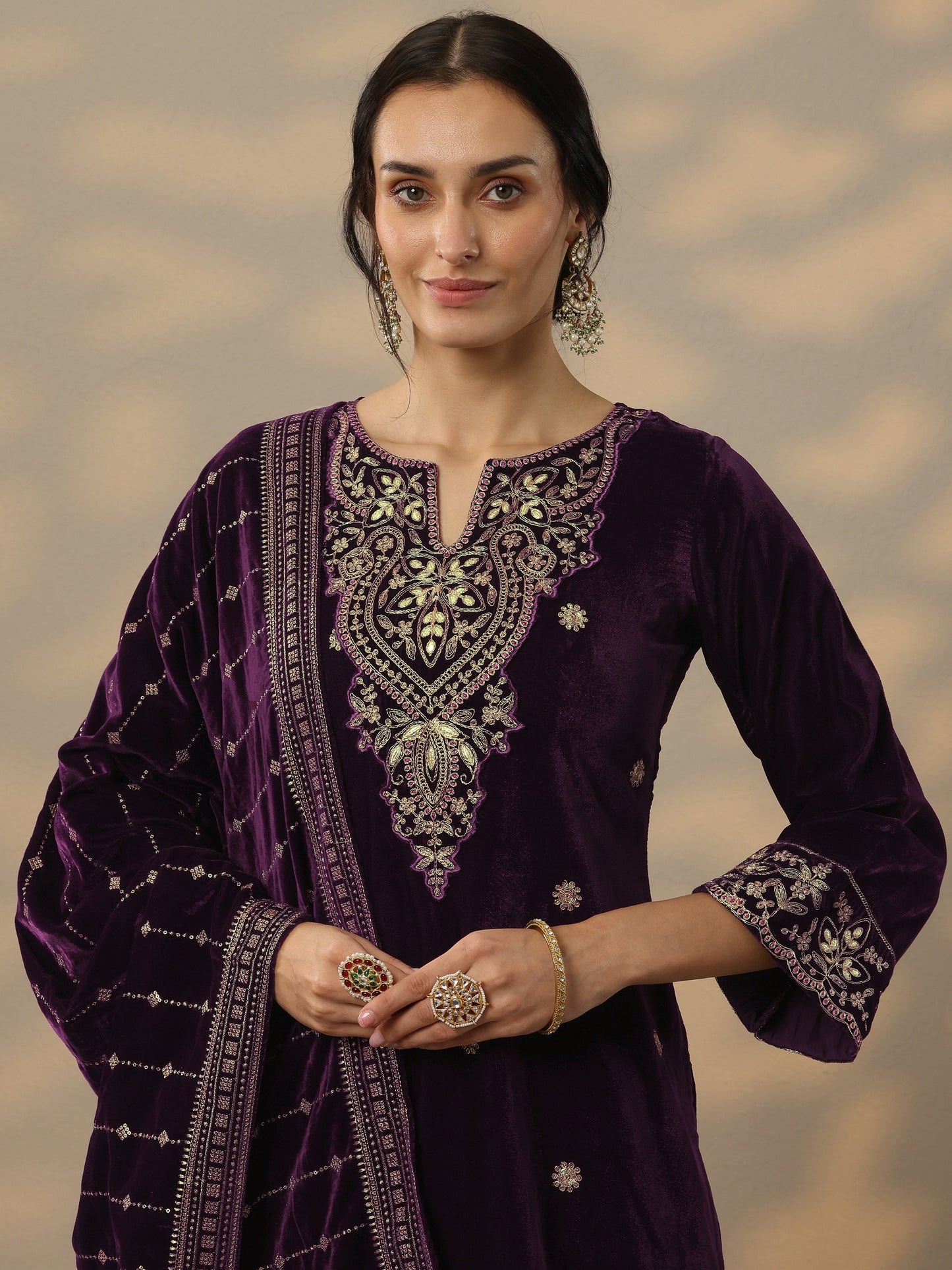 Burgundy Embroidered Velvet Straight Suit Set With Dupatta