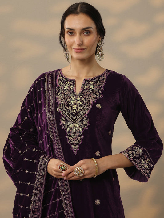 Burgundy Embroidered Velvet Straight Suit Set With Dupatta