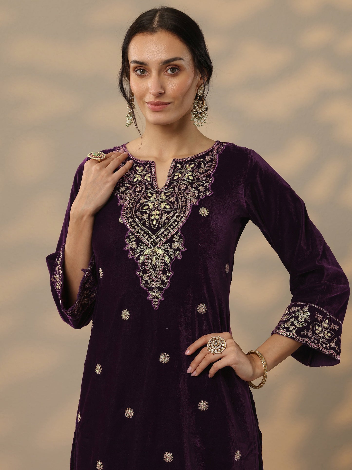 Burgundy Embroidered Velvet Straight Suit Set With Dupatta