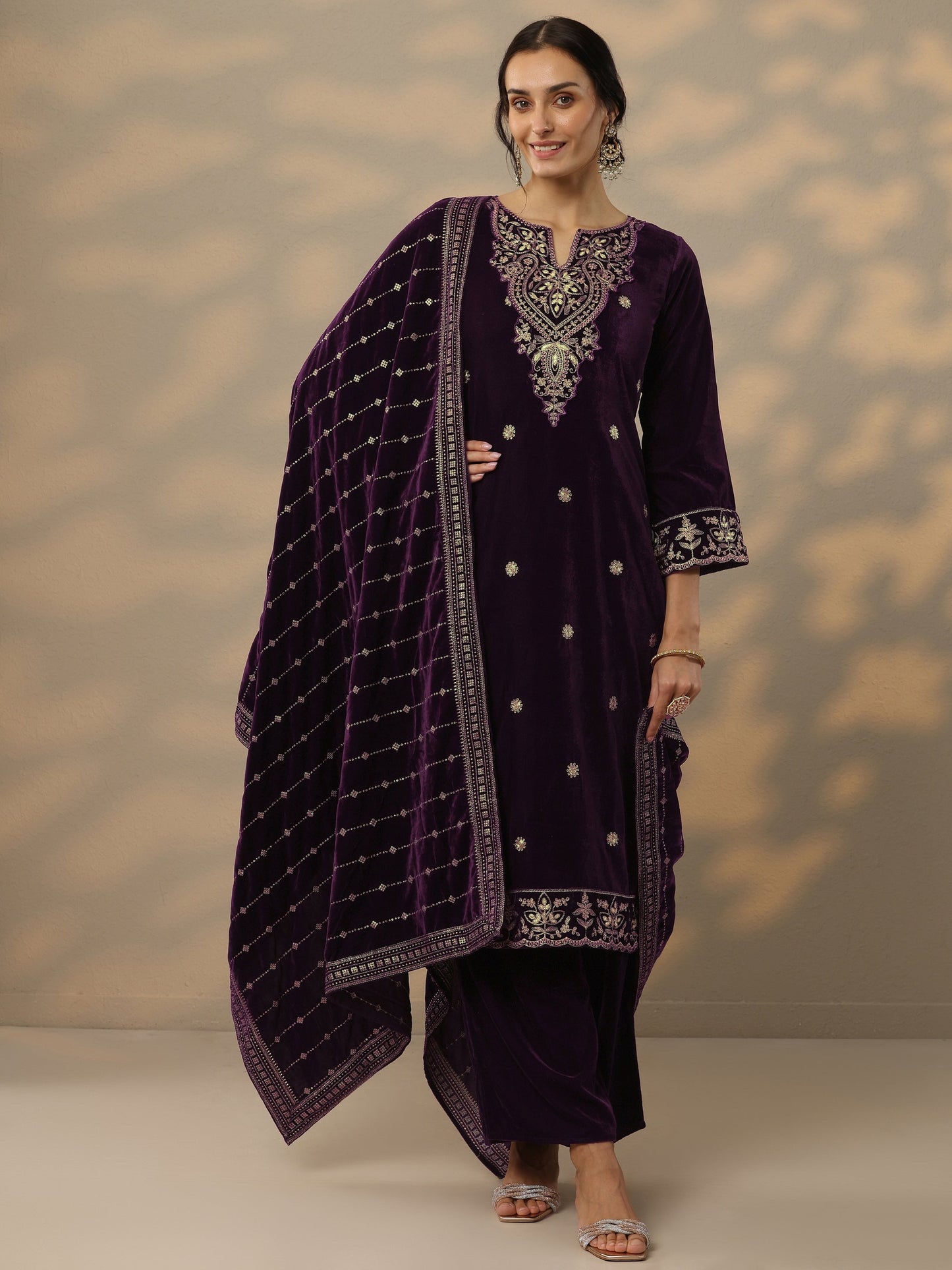 Burgundy Embroidered Velvet Straight Suit Set With Dupatta