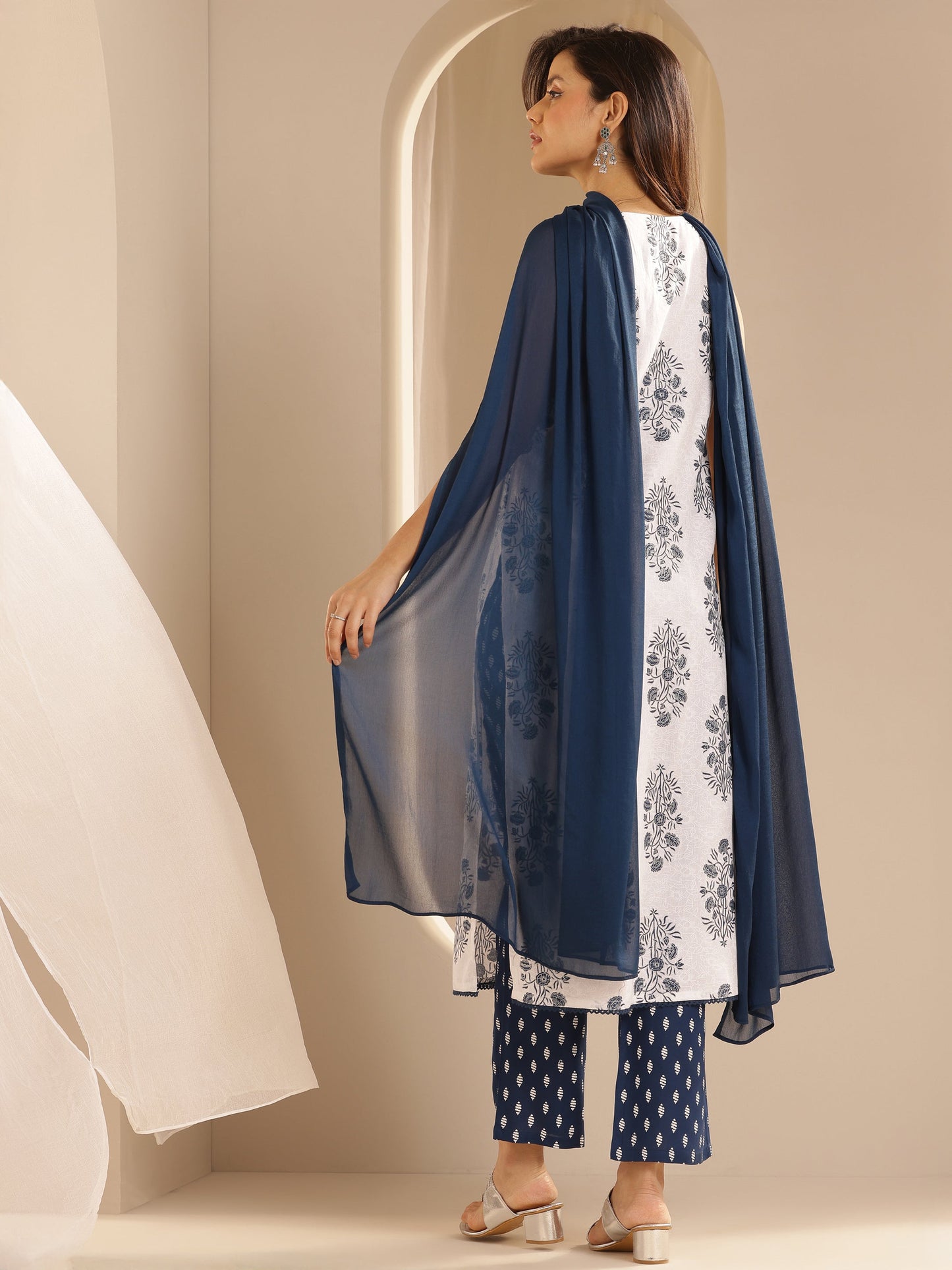 White Printed Rayon Straight Suit Set With Dupatta