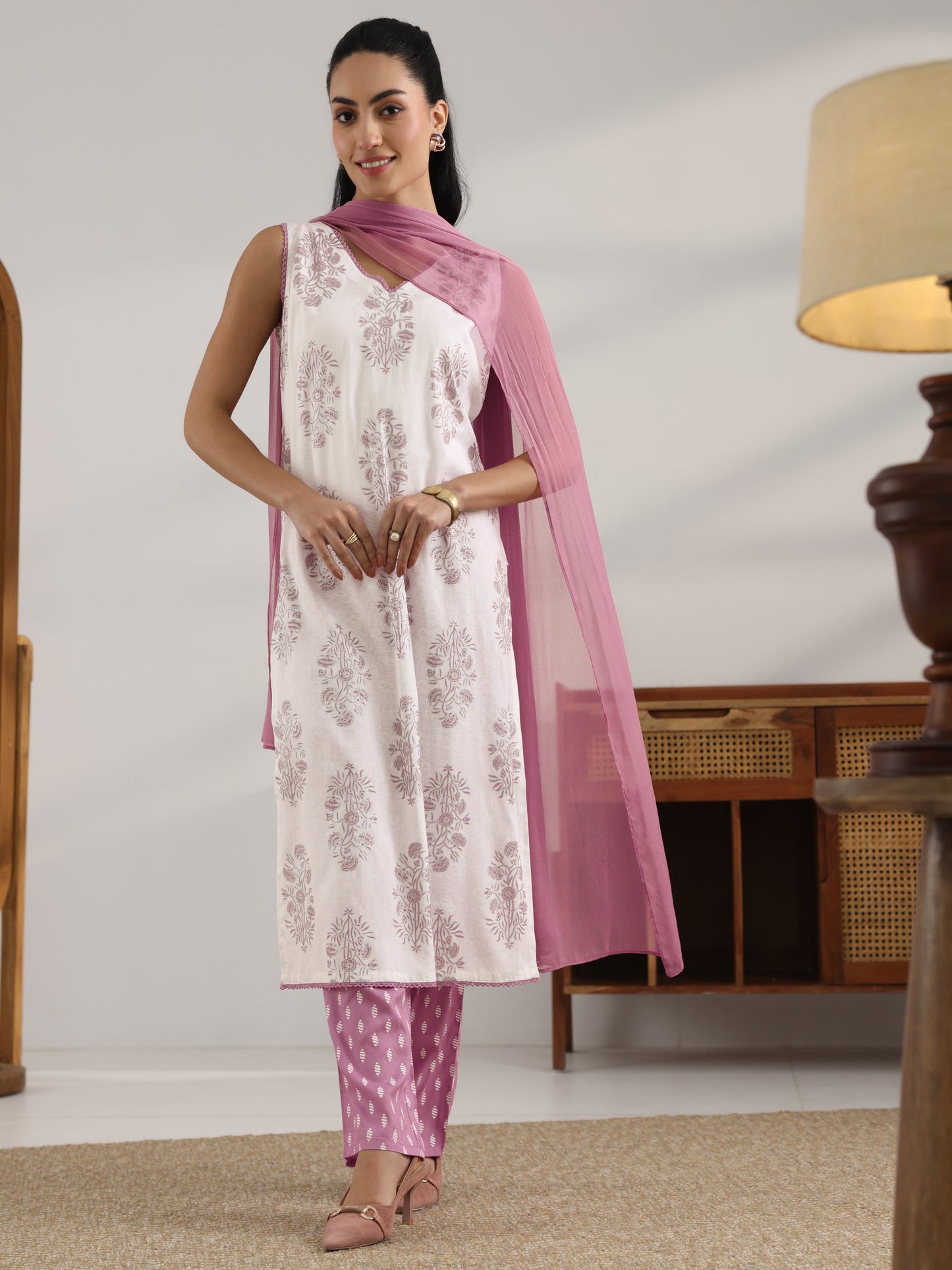 White Printed Rayon Straight Suit Set With Dupatta