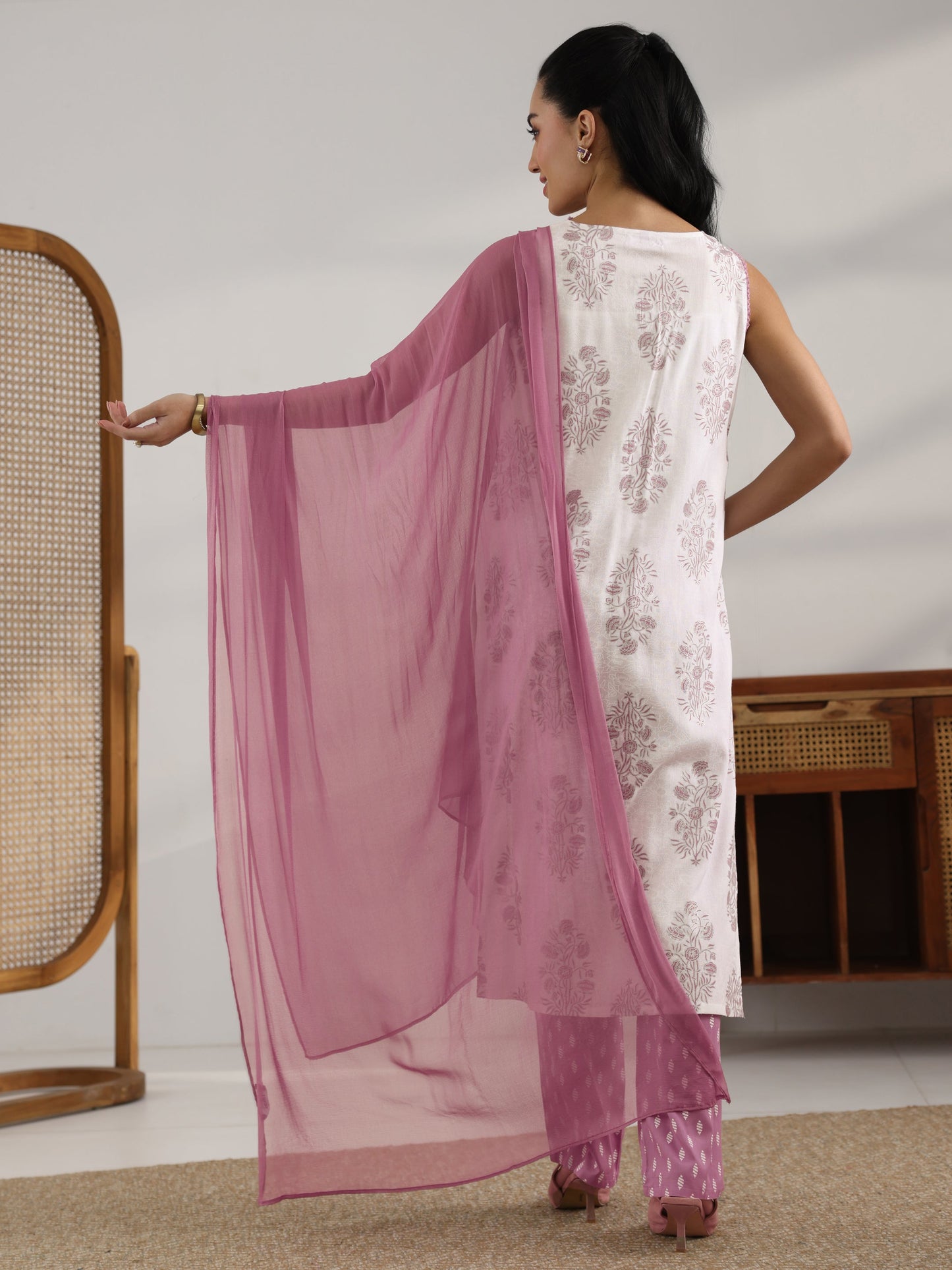 White Printed Rayon Straight Suit Set With Dupatta