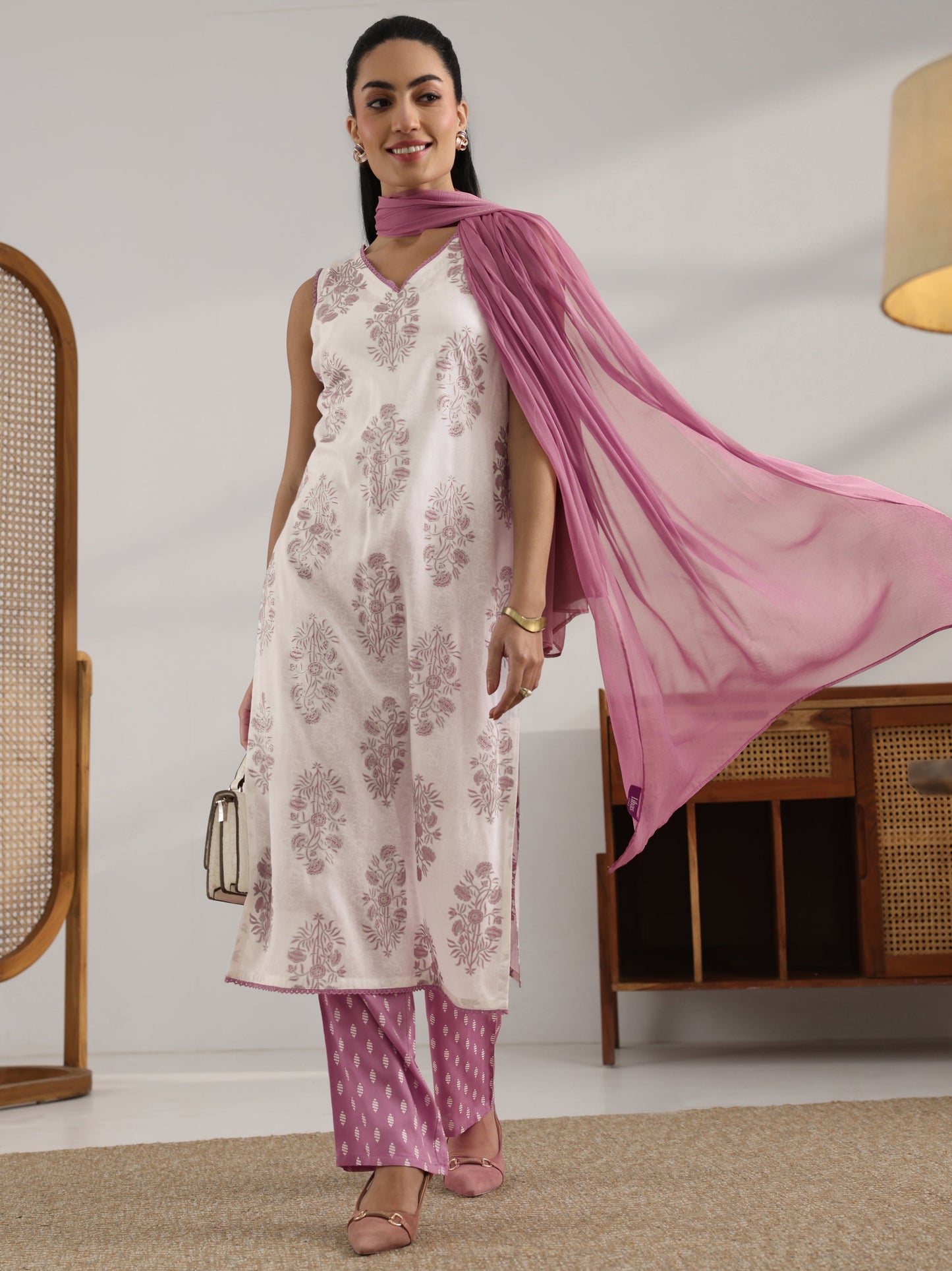 White Printed Rayon Straight Suit Set With Dupatta