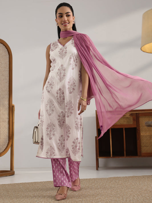 White Printed Rayon Straight Suit Set With Dupatta
