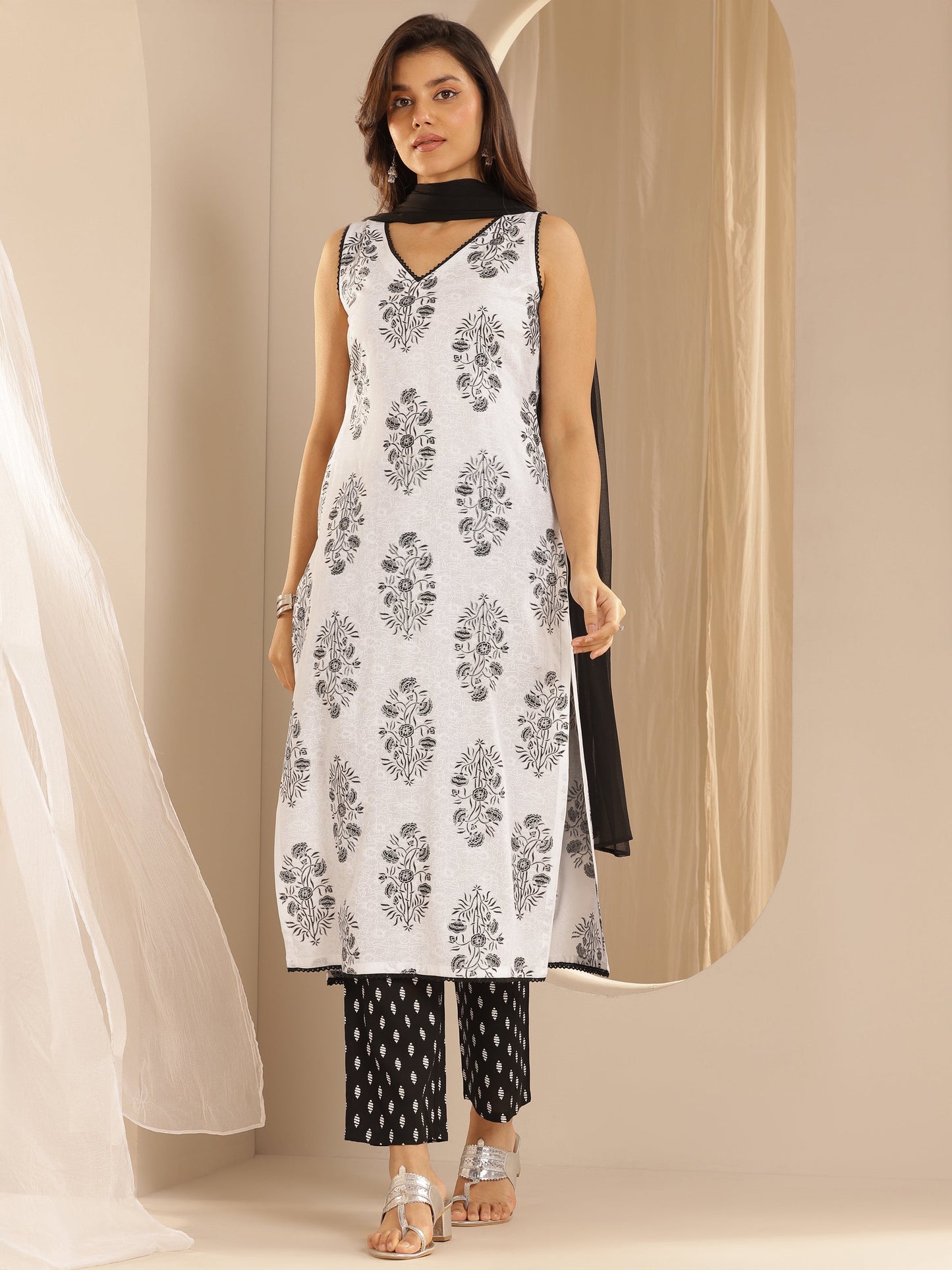 White Printed Rayon Straight Suit Set With Dupatta