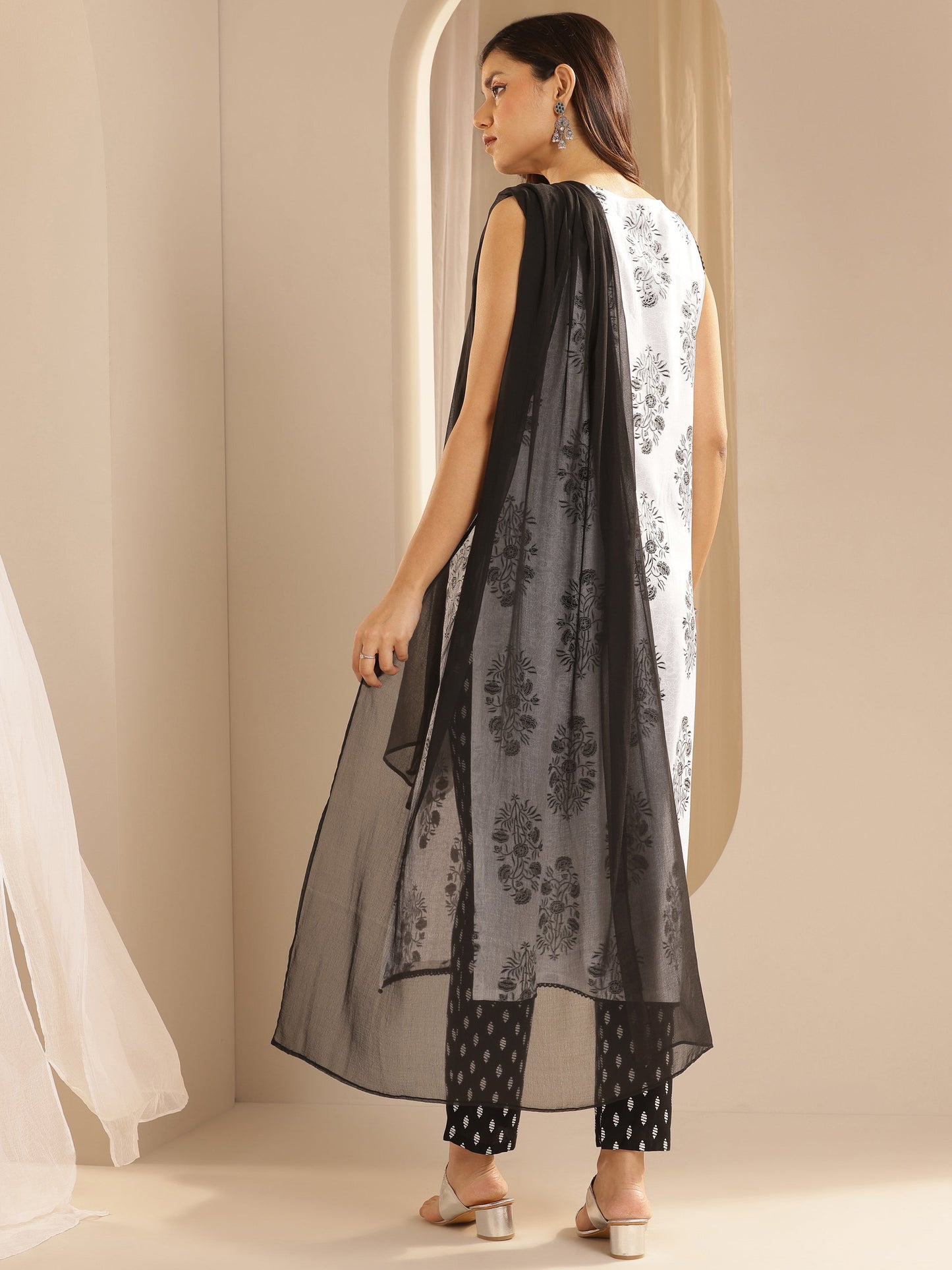 White Printed Rayon Straight Suit Set With Dupatta