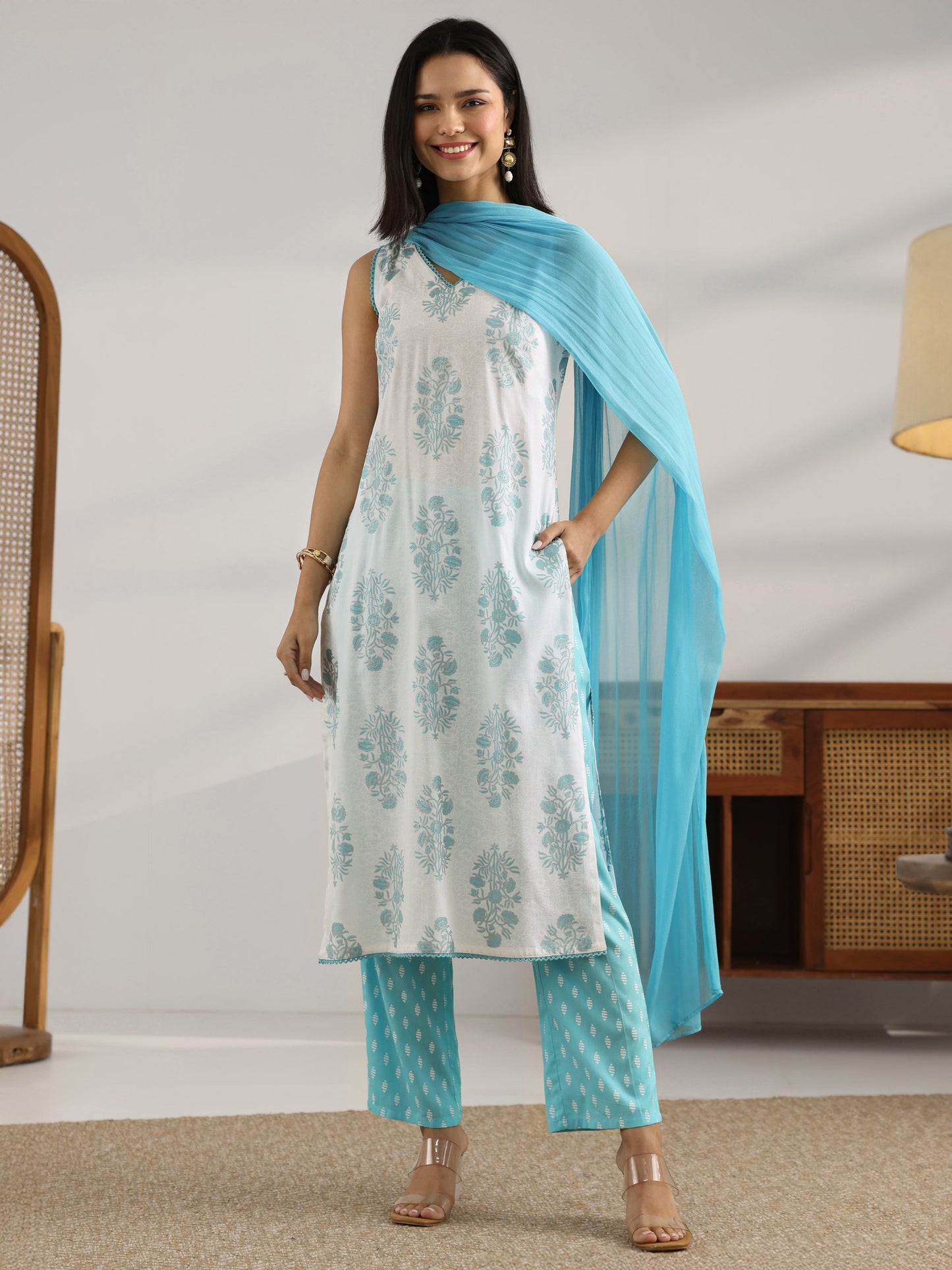 White Printed Rayon Straight Suit Set With Dupatta