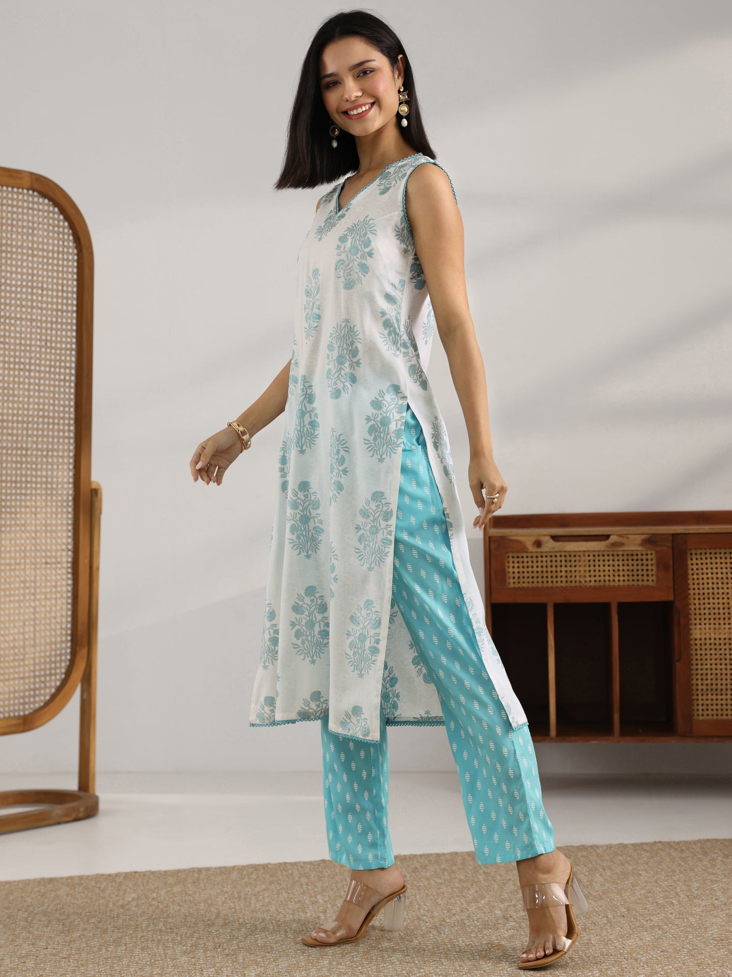 White Printed Rayon Straight Suit Set With Dupatta