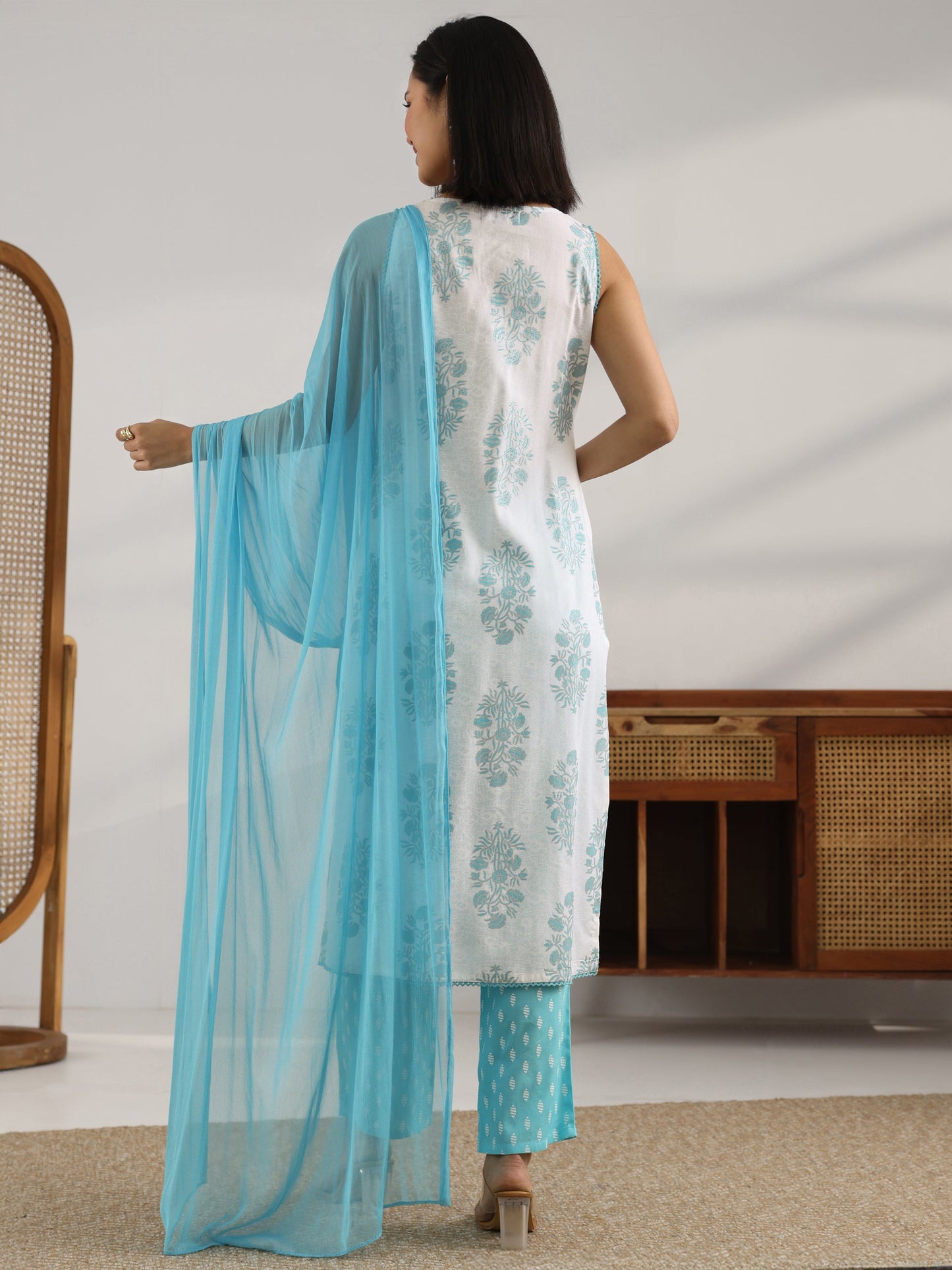 White Printed Rayon Straight Suit Set With Dupatta