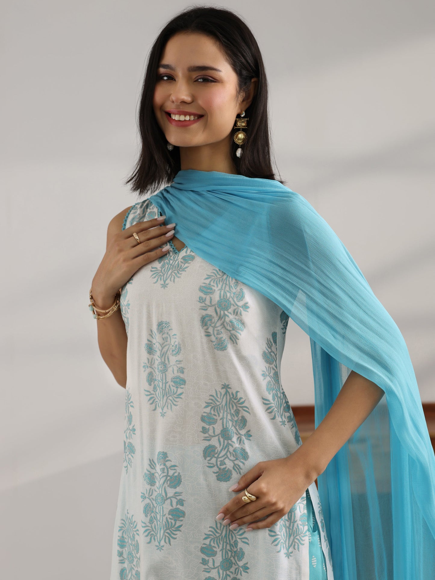 White Printed Rayon Straight Suit Set With Dupatta