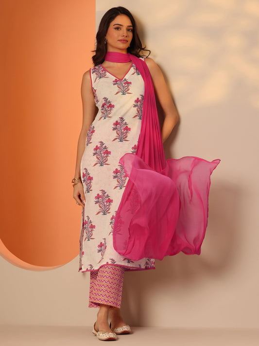 Off White Printed Cotton Straight Suit Set With Dupatta