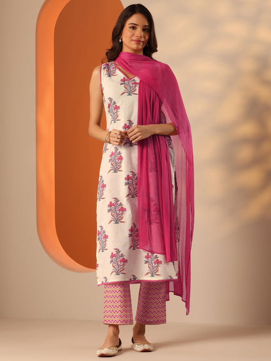 Off White Printed Cotton Straight Suit Set With Dupatta