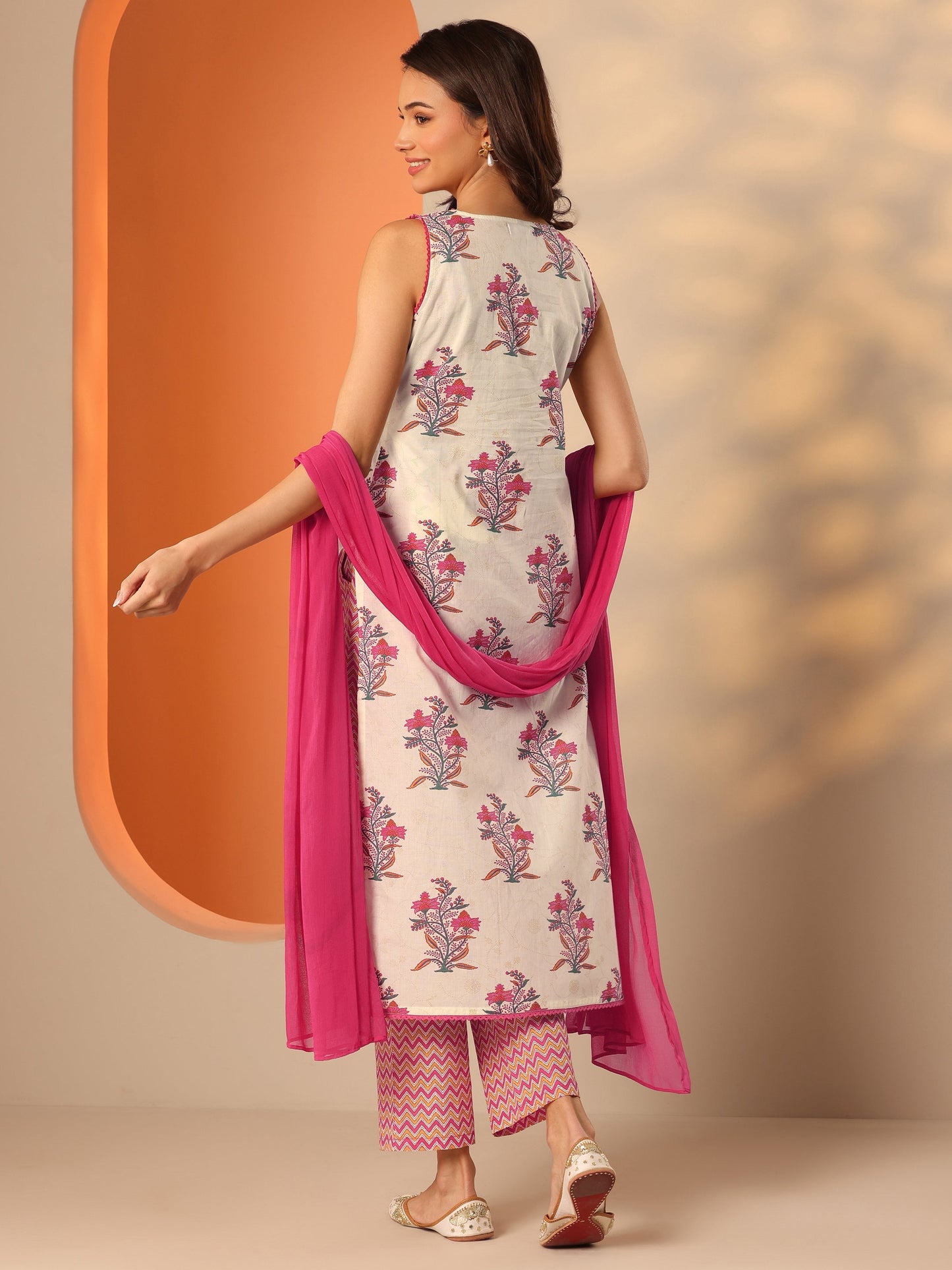 Off White Printed Cotton Straight Suit Set With Dupatta