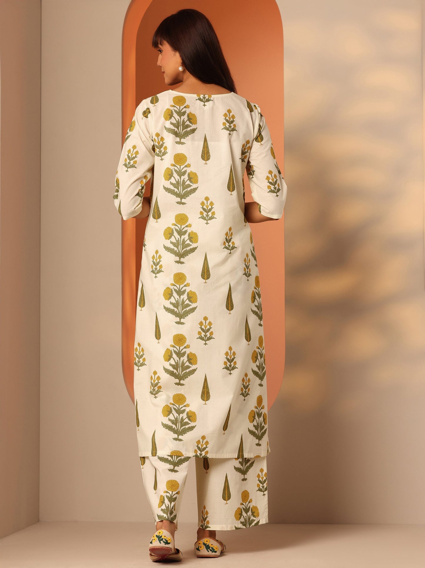 Off White Printed Cotton Straight Kurta Set