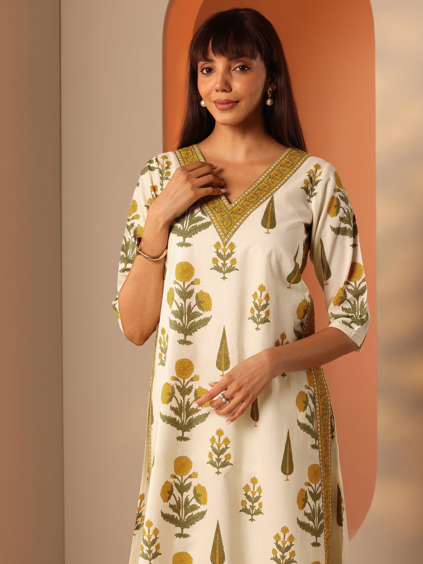 Off White Printed Cotton Straight Kurta Set