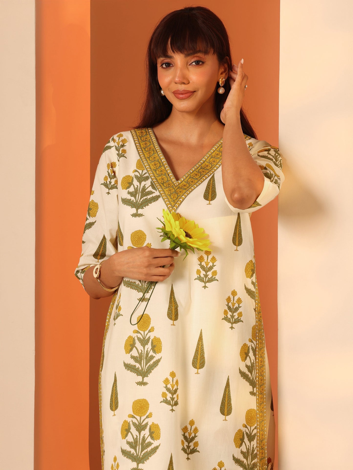 Off White Printed Cotton Straight Kurta Set