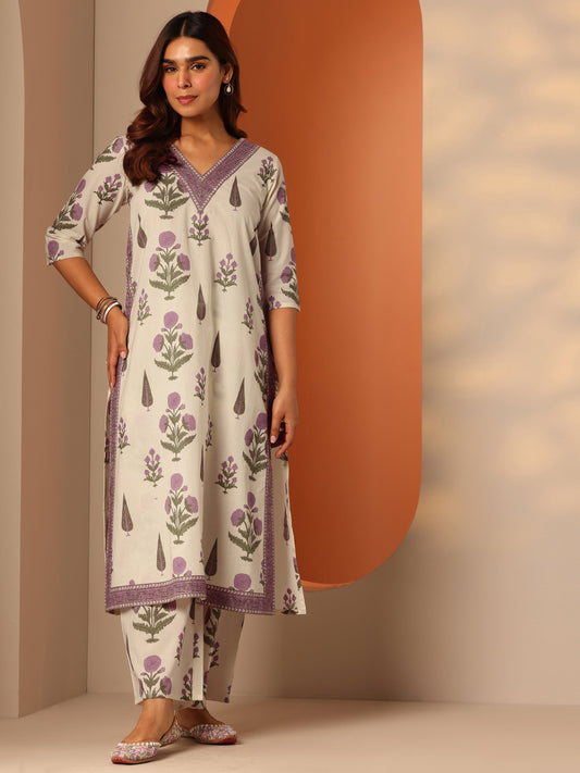 Off White Printed Cotton Straight Kurta Set
