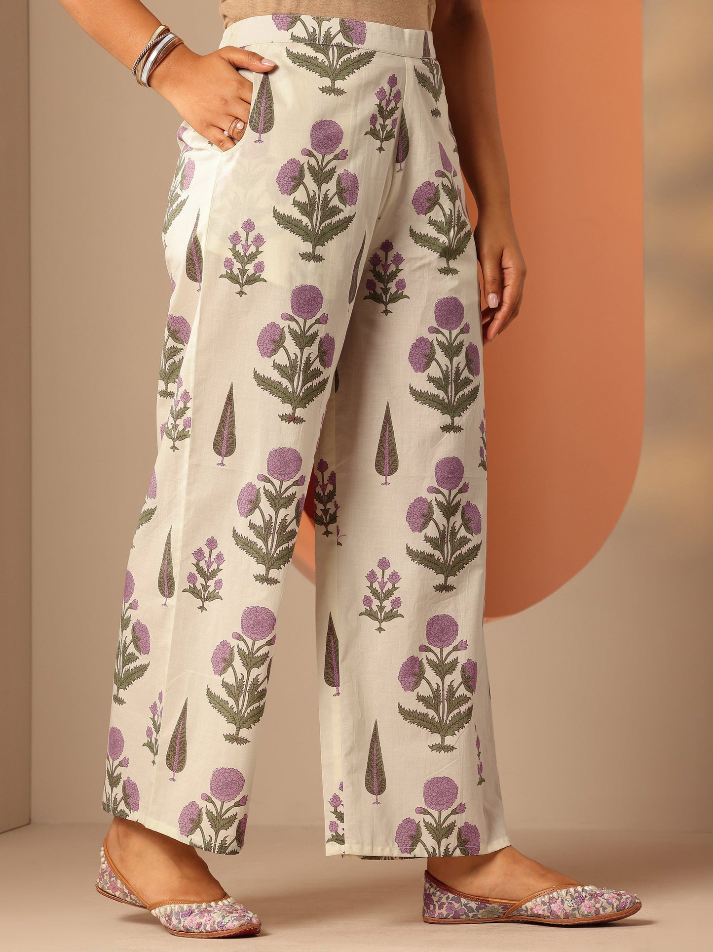 Off White Printed Cotton Straight Kurta Set