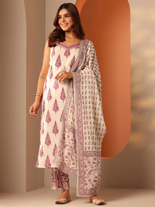 Off White Printed Cotton Straight Suit Set With Dupatta