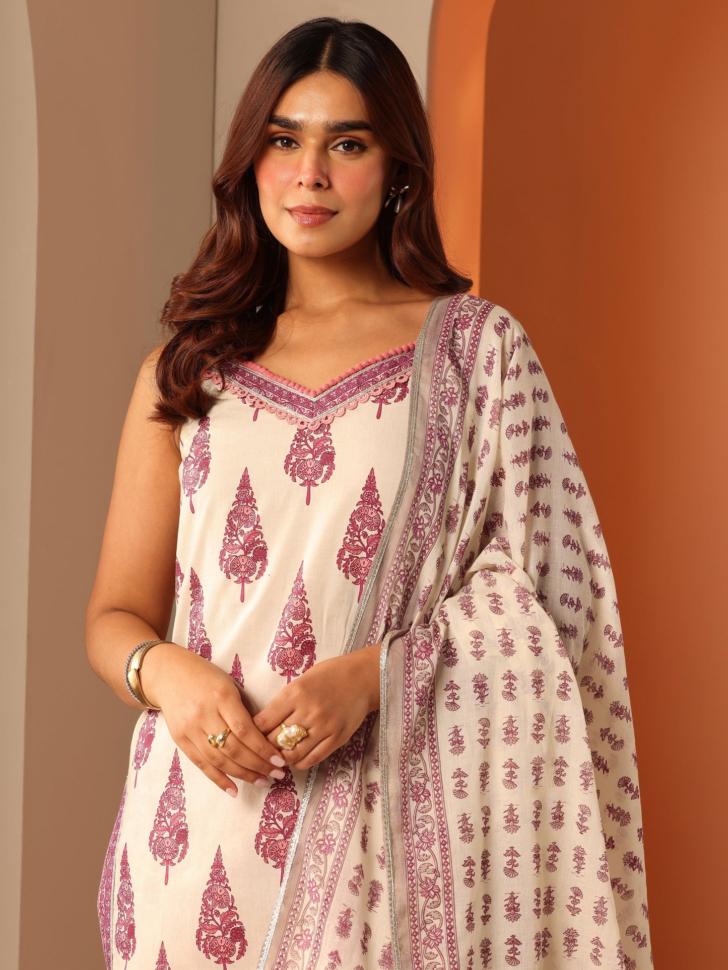 Off White Printed Cotton Straight Suit Set With Dupatta