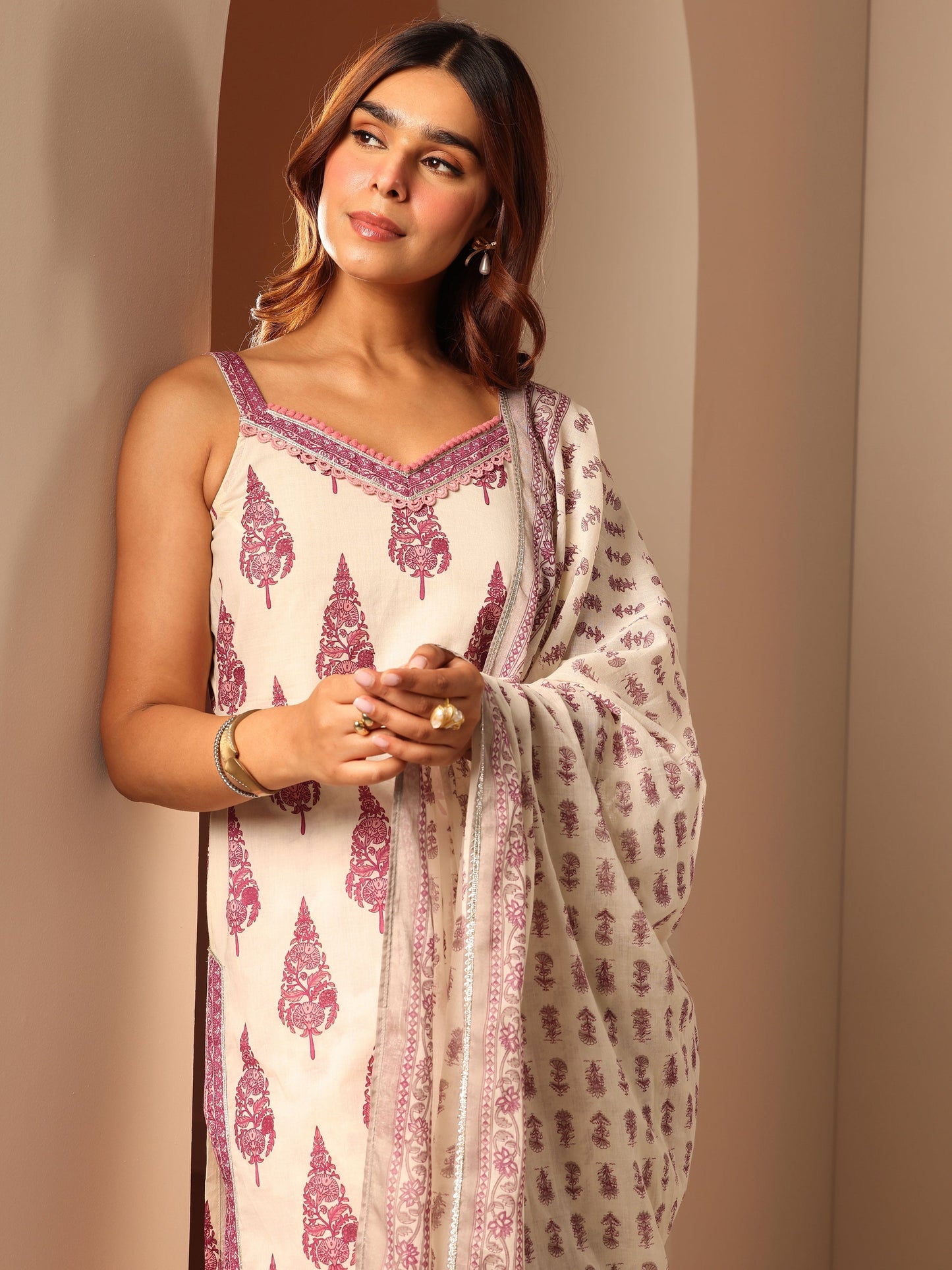Off White Printed Cotton Straight Suit Set With Dupatta