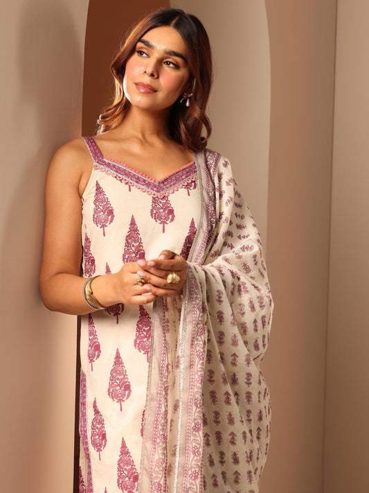 Off White Printed Cotton Straight Suit Set With Dupatta