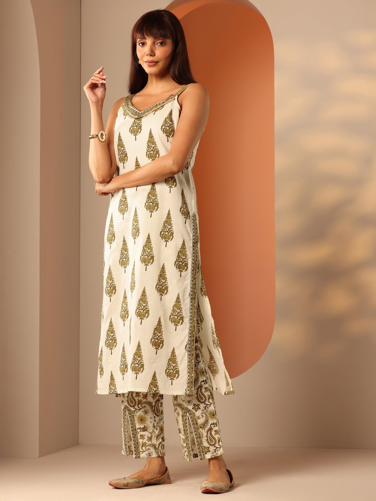 Off White Printed Cotton Straight Suit Set With Dupatta